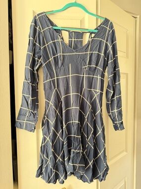 Abercrombie & Fitch Blue White Grid Long-Sleeve Fit-and-Flare Dress